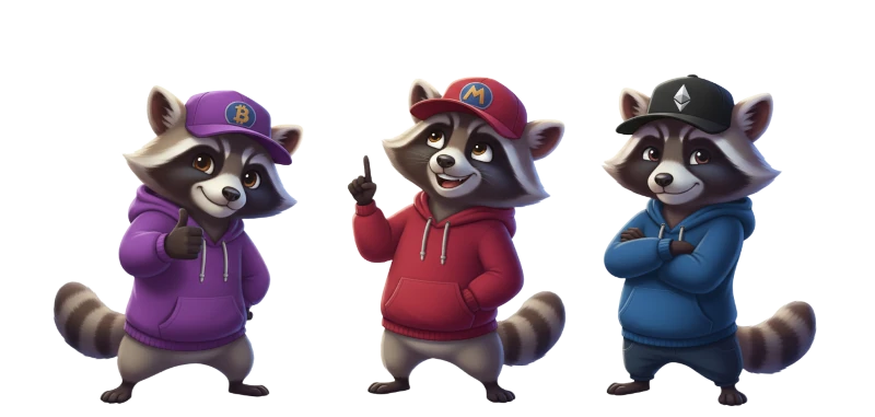 Three raccoons in hoodies with crypto logos